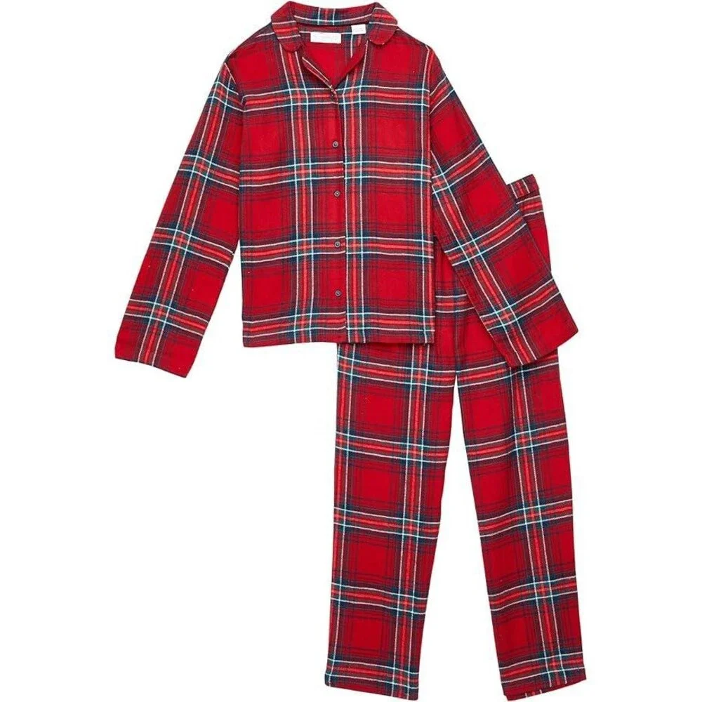 Mango Noel Two Piece Pajama Set Kids 5-6 Red Plaid Cotton Camp Collar TLW648